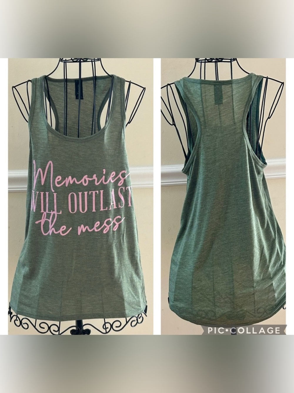 Anvil Freedom Memories Will Outlast the Mess Green Racerback Tank Top Pink Text